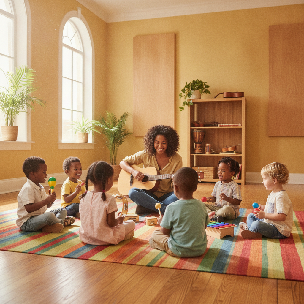 Roda de musicalização infantil com crianças tocando instrumentos de percussão em Goiânia