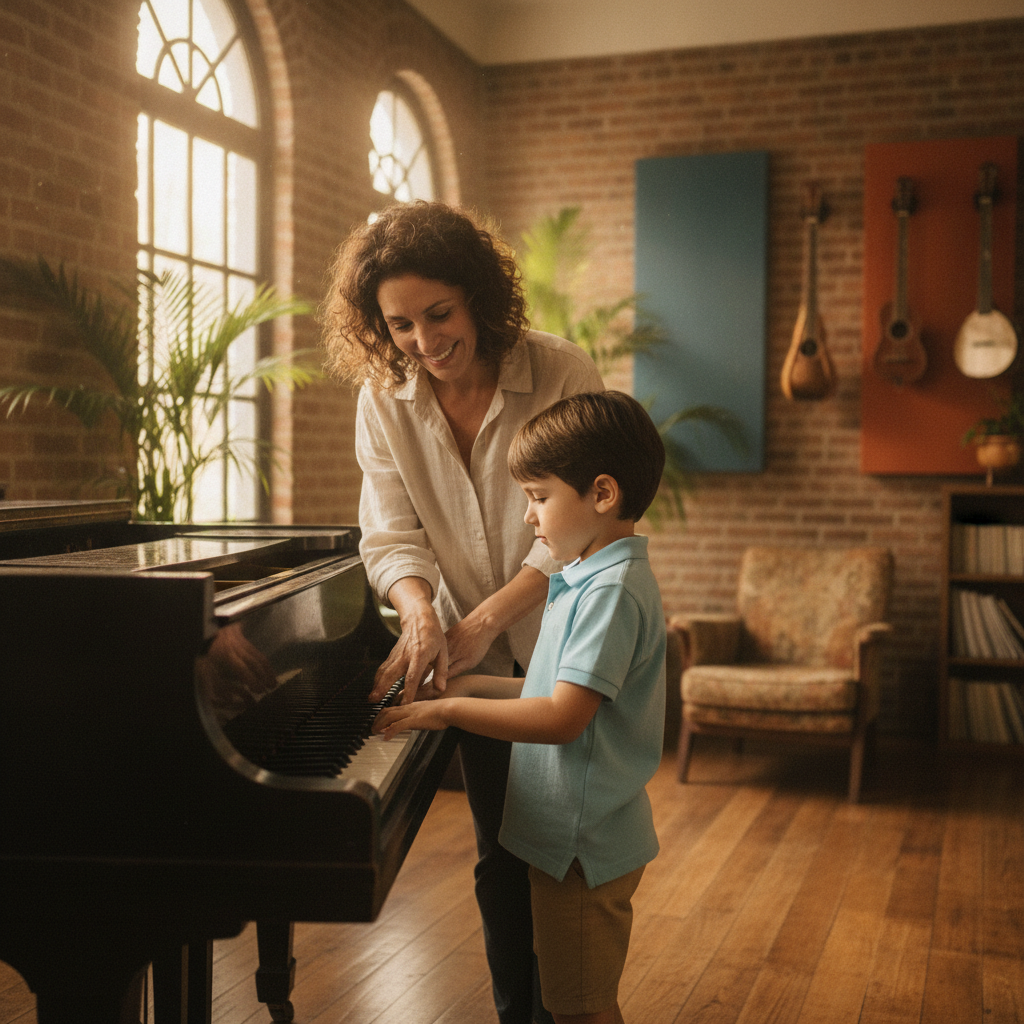 Professora orientando criança ao piano em aula individual de música em Goiânia